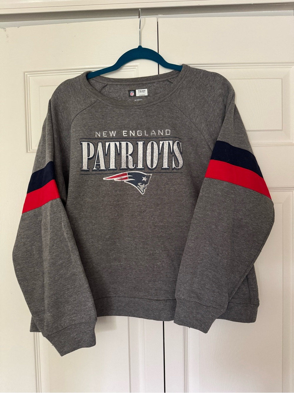 NFL New England Patriots Gray Crewneck Sweatshirt with Red & Navy Sleeve Stripes